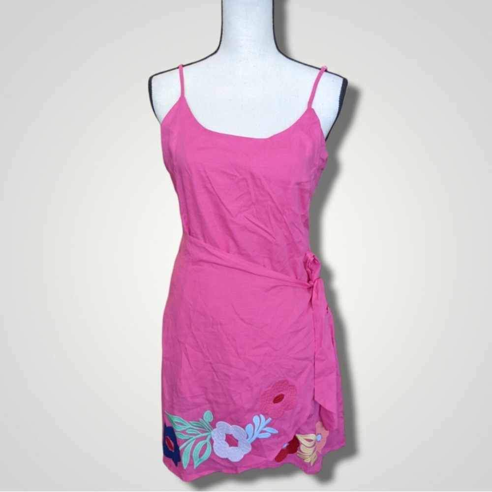J. Marie Floral Embroidered Jersey Linen Wrap Mini Dress in Hot Pink, Medium